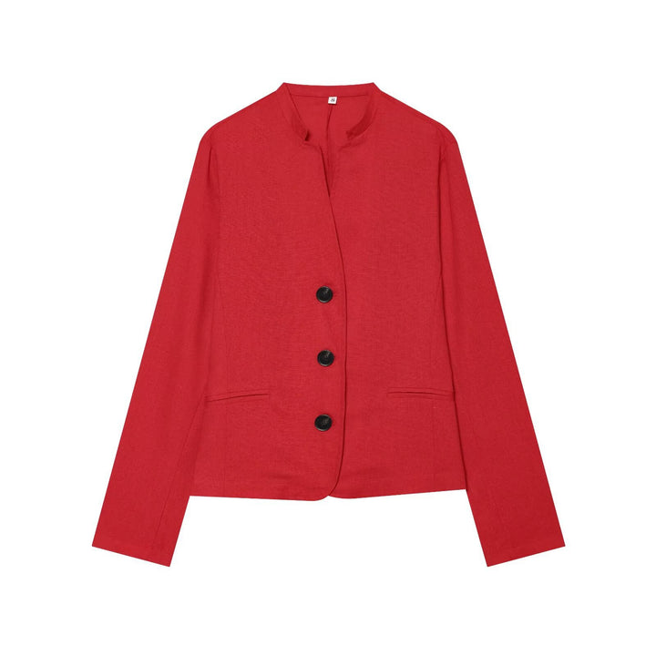 Women Lightweight Tailored Blazer Jacket with Stand Collar and Three-Button Closure Mune Fashion