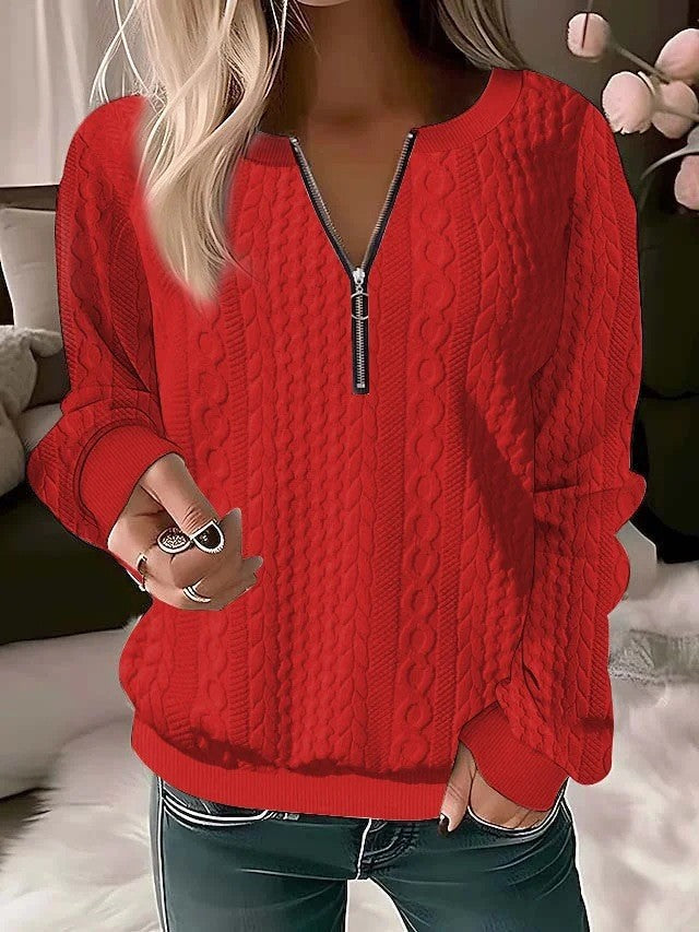 Women Structured Cable Knit Sweatshirt with Half Zip and Ribbed Cuffs Mune Fashion
