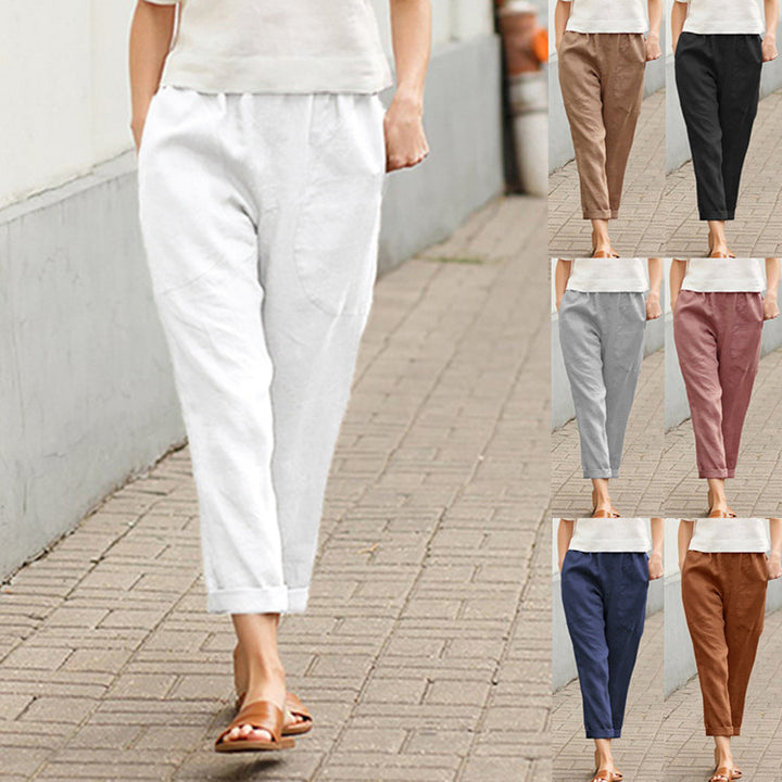 Women's light linen pants with elastic waistband, side pockets, and rolled hem Mune Fashion