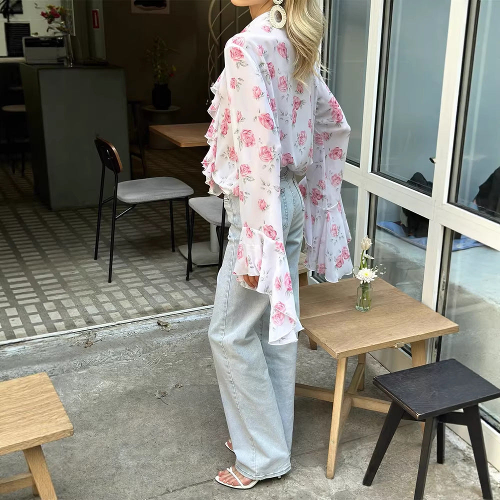 Women's chiffon blouse with rose print, ruffles and bell sleeves Mune Fashion