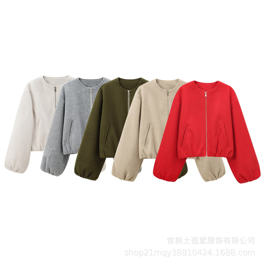 Women Short Bomber Jacket with Round Neck, Zipper and Elastic Hem Mune Fashion