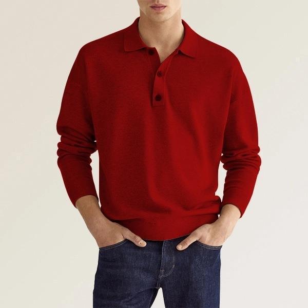 Men's fine knit polo sweater with long sleeves, ribbed cuffs, and subtle button placket EB