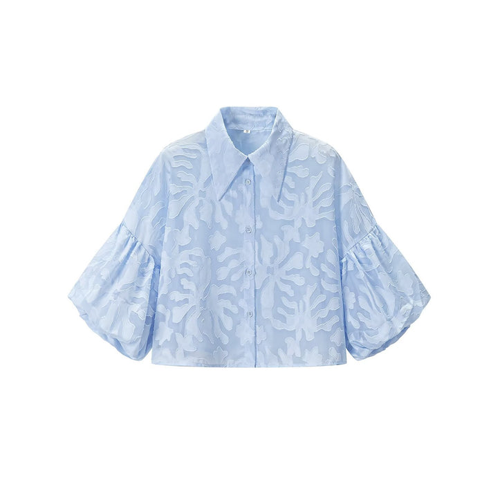Women's Transparent Organza Blouse with Loose Fit, Volume Sleeves and Shirt Collar Mune Fashion