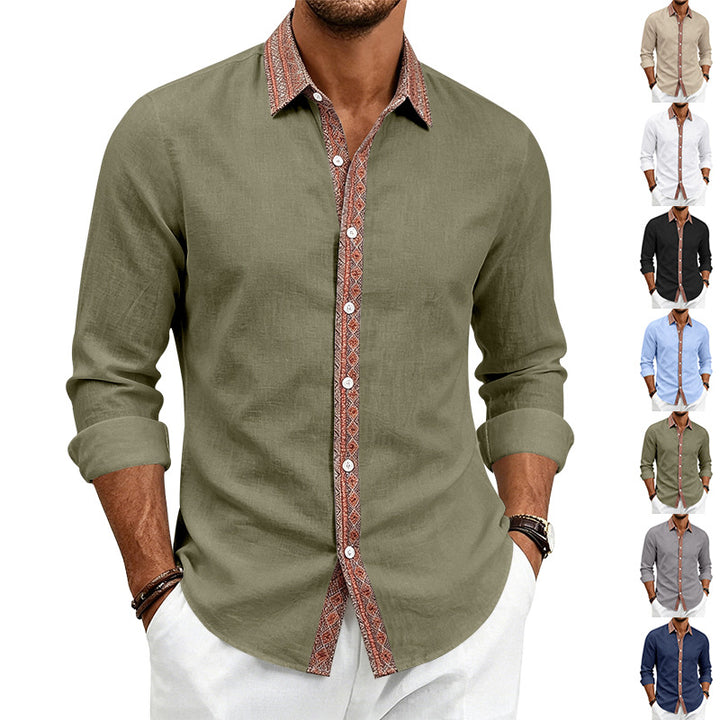 Men's Long Sleeve Linen Shirt with Contrast Trim at Collar and Button Placket Mune Fashion
