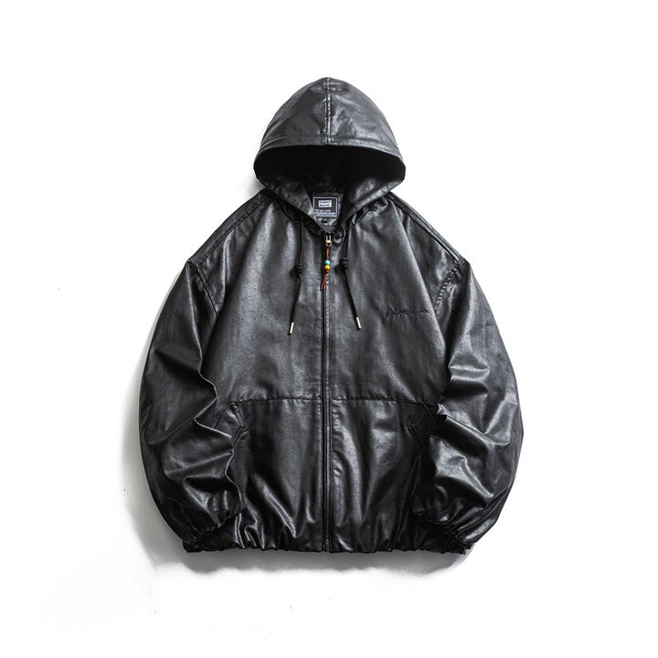 Men's short-cut faux leather hooded jacket in boxy cut with elastic hem and kangaroo pockets Mune Fashion