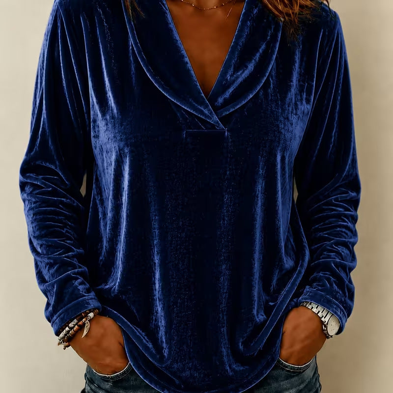 Women Velvet Long Sleeve with Deep V-Neck and Casual Hem Mune Fashion