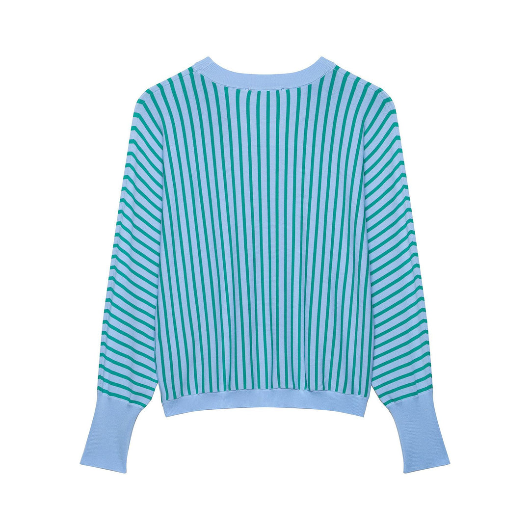 Women's Short-Cut Striped Fine Knit Sweater with Extended Ribbed Sleeves Mune Fashion
