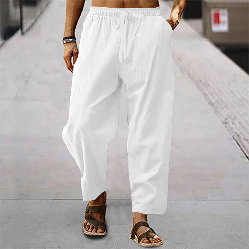 Men's Loose Linen Look Casual Pants with Elastic Waistband, Drawstring and Cropped Leg Mune Fashion