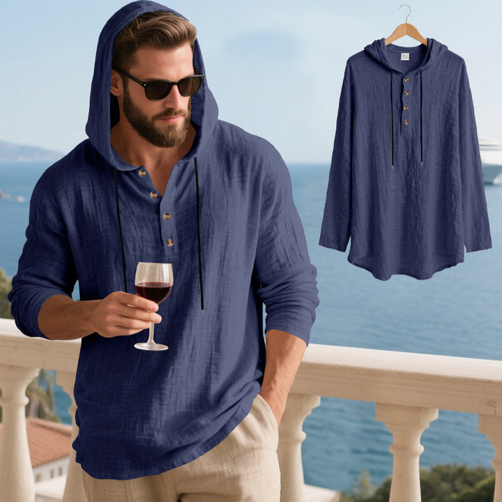 Men's casual hooded Henley shirt in linen look with continuous button placket and relaxed fit Mune Fashion