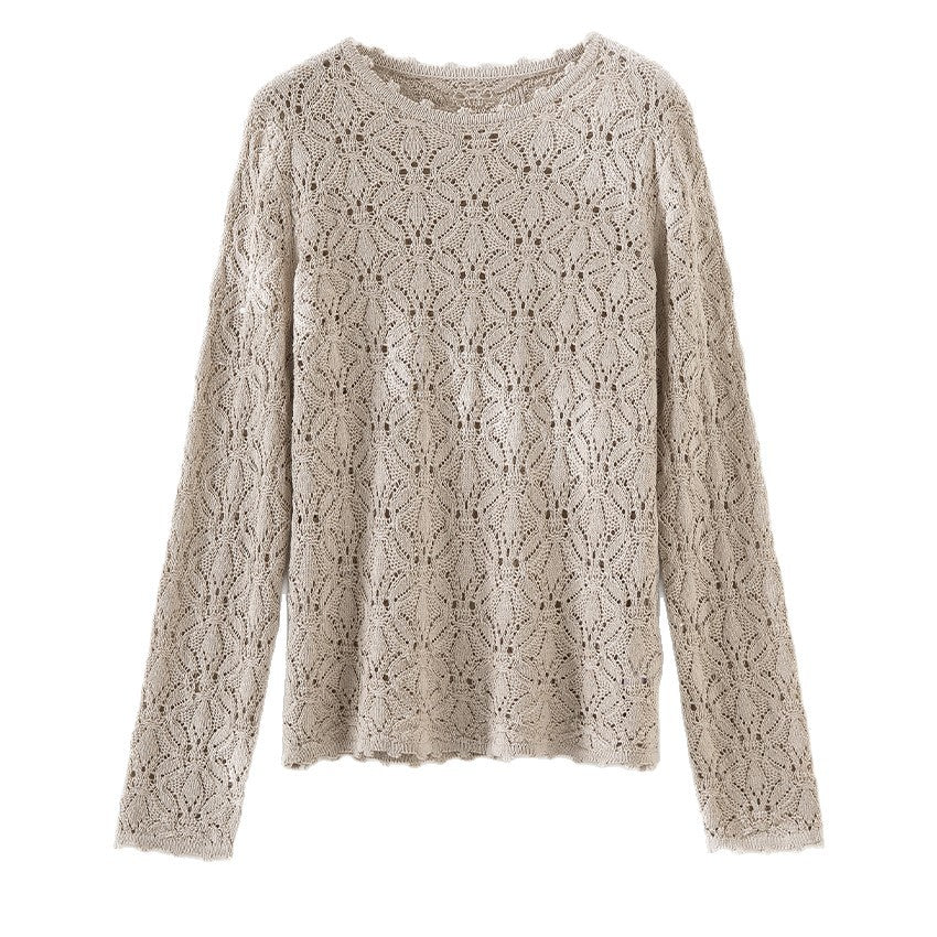 Ladies Fine Crochet Long Sleeve with Floral Openwork Structure and Casual Silhouette Mune Fashion