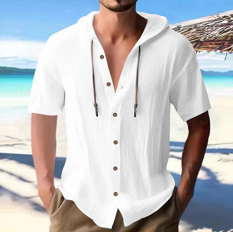 Men's lightweight short-sleeve hooded shirt with button placket and breathable cotton blend Mune Fashion