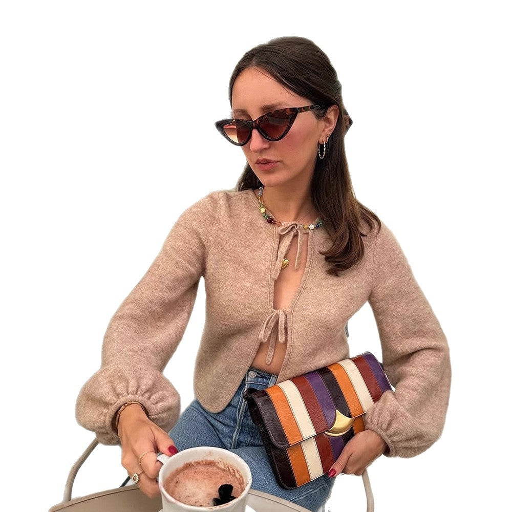 Women's Short Cut Cardigan with Ties, Velvety Soft Boucle Look and Balloon Sleeves Mune Fashion