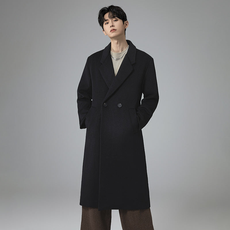 Men's Maxi-Length Wool Blend Coat with Concealed Button Placket and Draped Shawl Collar Mune Fashion