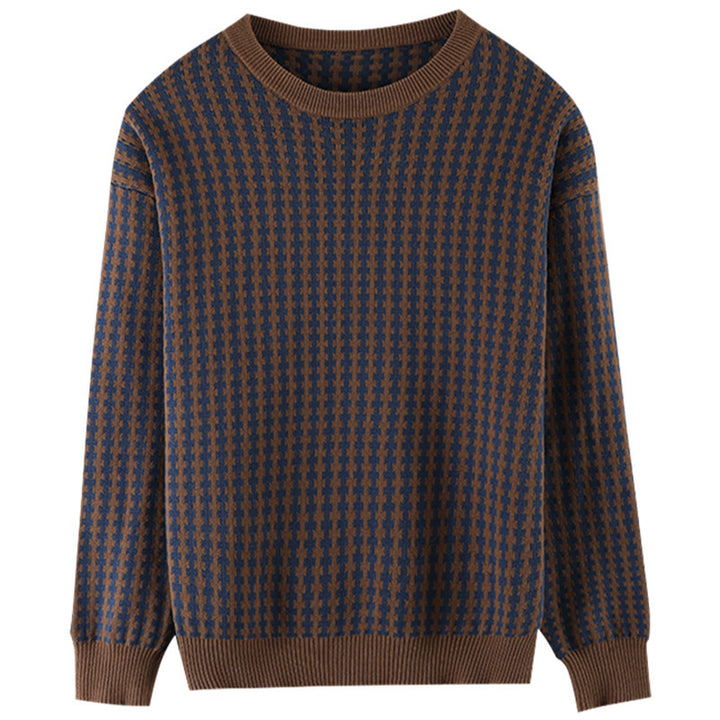 Women's Light Structural Knit Sweater with Houndstooth Pattern and Wide Ribbed Cuffs Mune Fashion