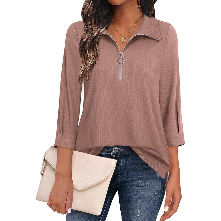 Women's casual blouse with zip collar, three-quarter sleeves, and flared hem Mune Fashion