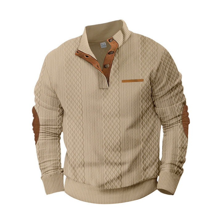 Men's structured stand-up collar pullover with half button placket and elbow patches Mune Fashion