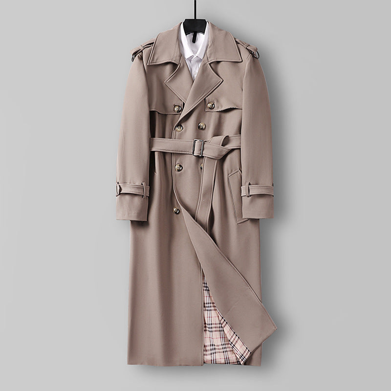 Women Elegant long cut wool blend trench coat with double-breasted button placket and belt Mune Fashion