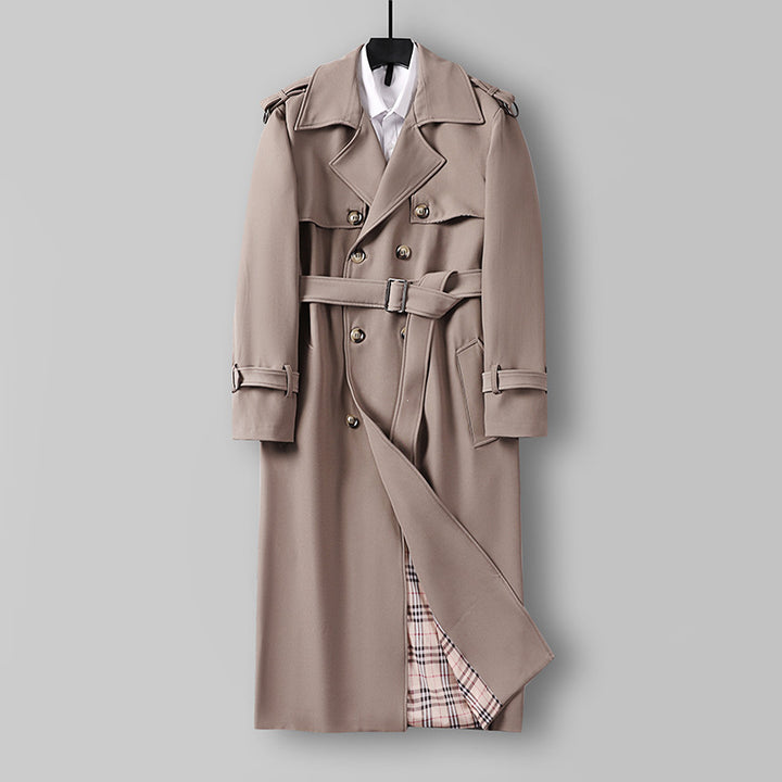 Women Elegant long cut wool blend trench coat with double-breasted button placket and belt Mune Fashion