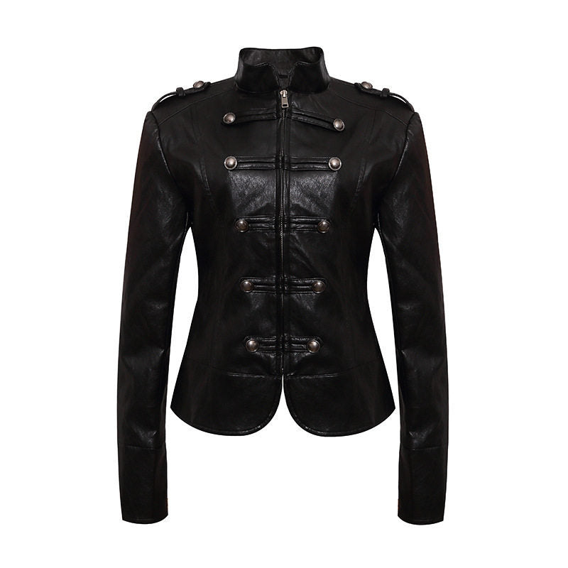 Women’s fitted leather jacket in military style with stand-up collar and decorative button placket Mune Fashion