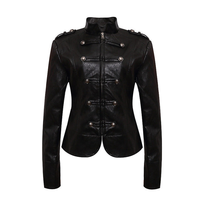 Women’s fitted leather jacket in military style with stand-up collar and decorative button placket Mune Fashion