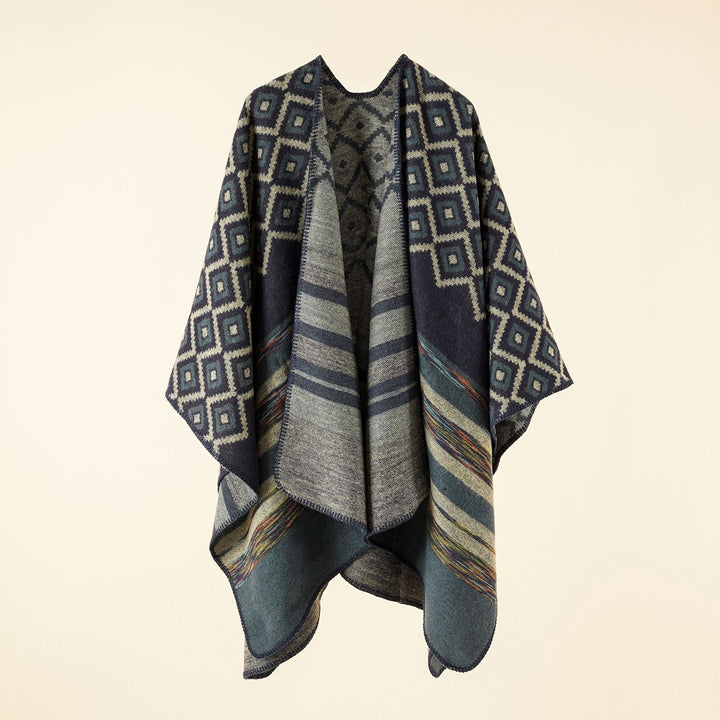 Women's Jacquard Throw with Geometric Square Pattern and Open Front Mune Fashion