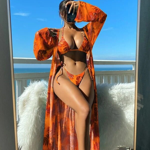 Women's Bikini Set with Transparent Kaftan and Floral Design Mune Fashion