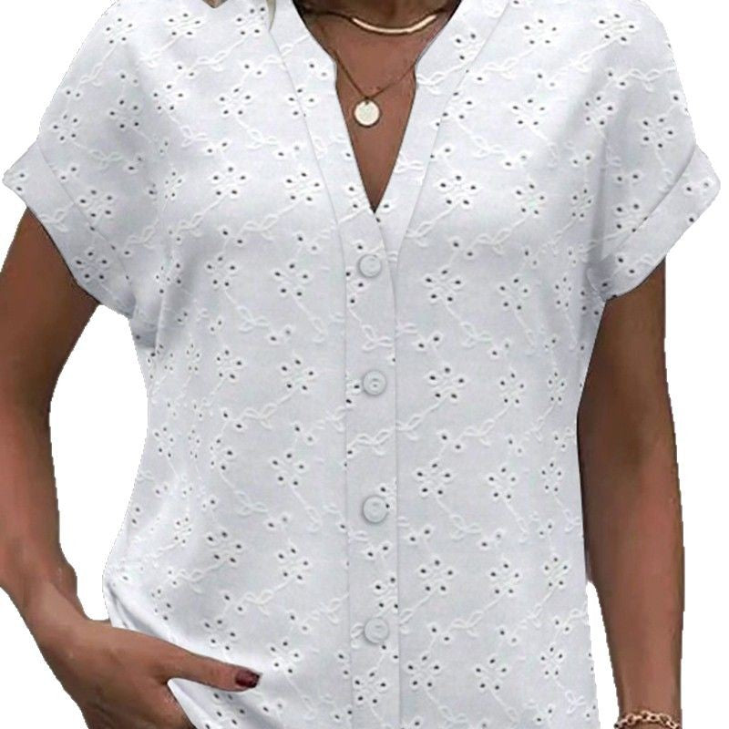 Women's light ajour lace blouse with V-neck, continuous button placket, and rolled short sleeves Mune Fashion