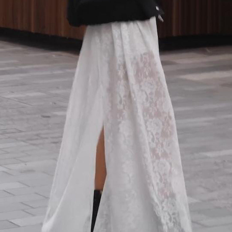Women’s maxi skirt made of transparent lace with high slit and elastic waistband Mune Fashion