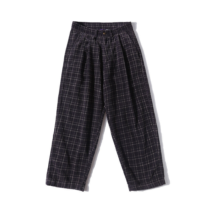 Men's Wide Cord Pants with Pleats, Cropped Cut and Check Pattern Mune Fashion