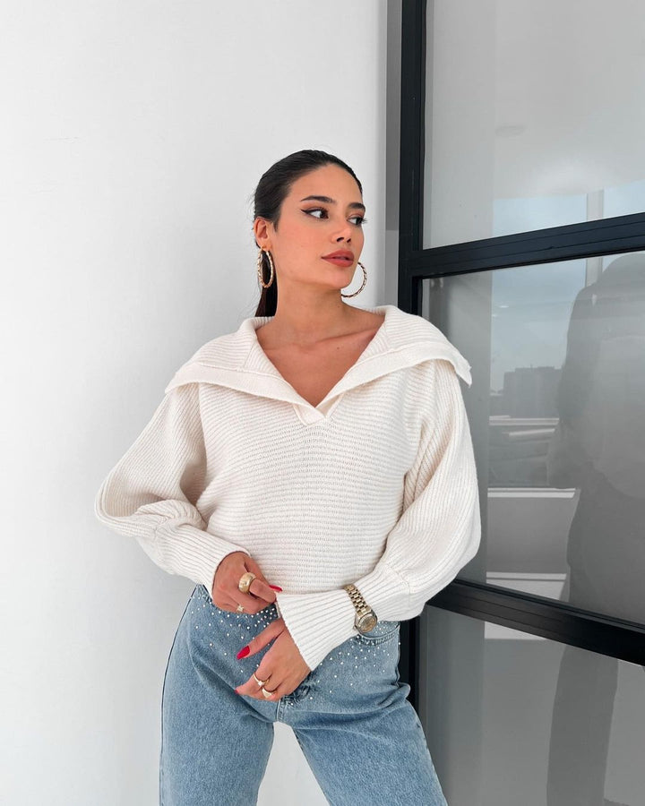 Women's Oversize Rib Sweater with Lapel Collar and Deep V-Neck Mune Fashion