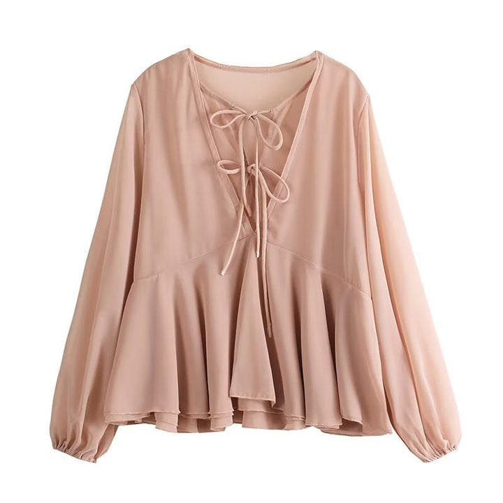 Women Soft Chiffon Blouse with Lacing, V-Neck and Ruffle Hem Mune Fashion