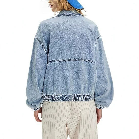 Women's jeans bomber jacket with zipper, elastic hem, and shirt collar Mune Fashion