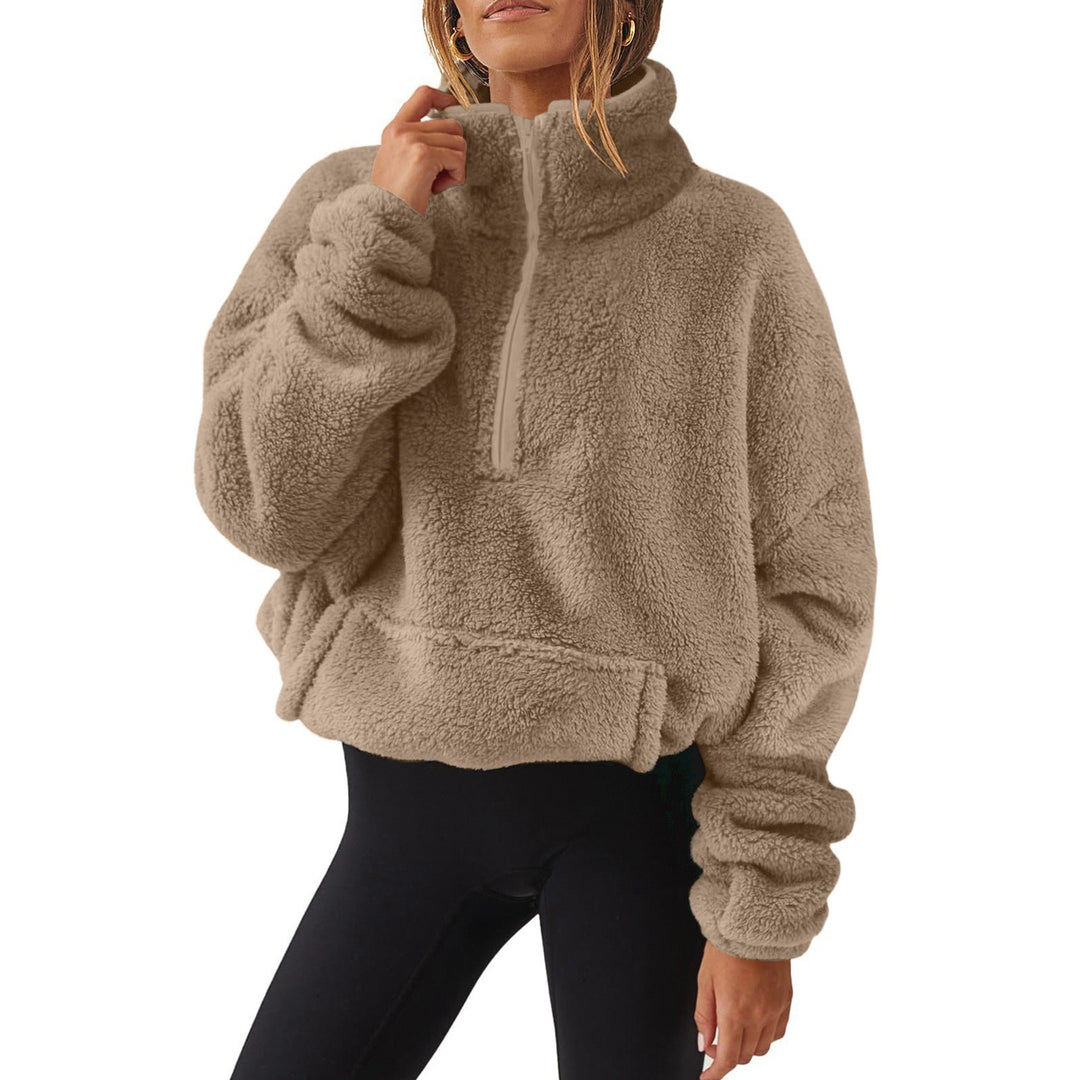 Women’s Oversize Half-Zip Teddy Fleece Pullover with Kangaroo Pocket and High Stand Collar Mune Fashion