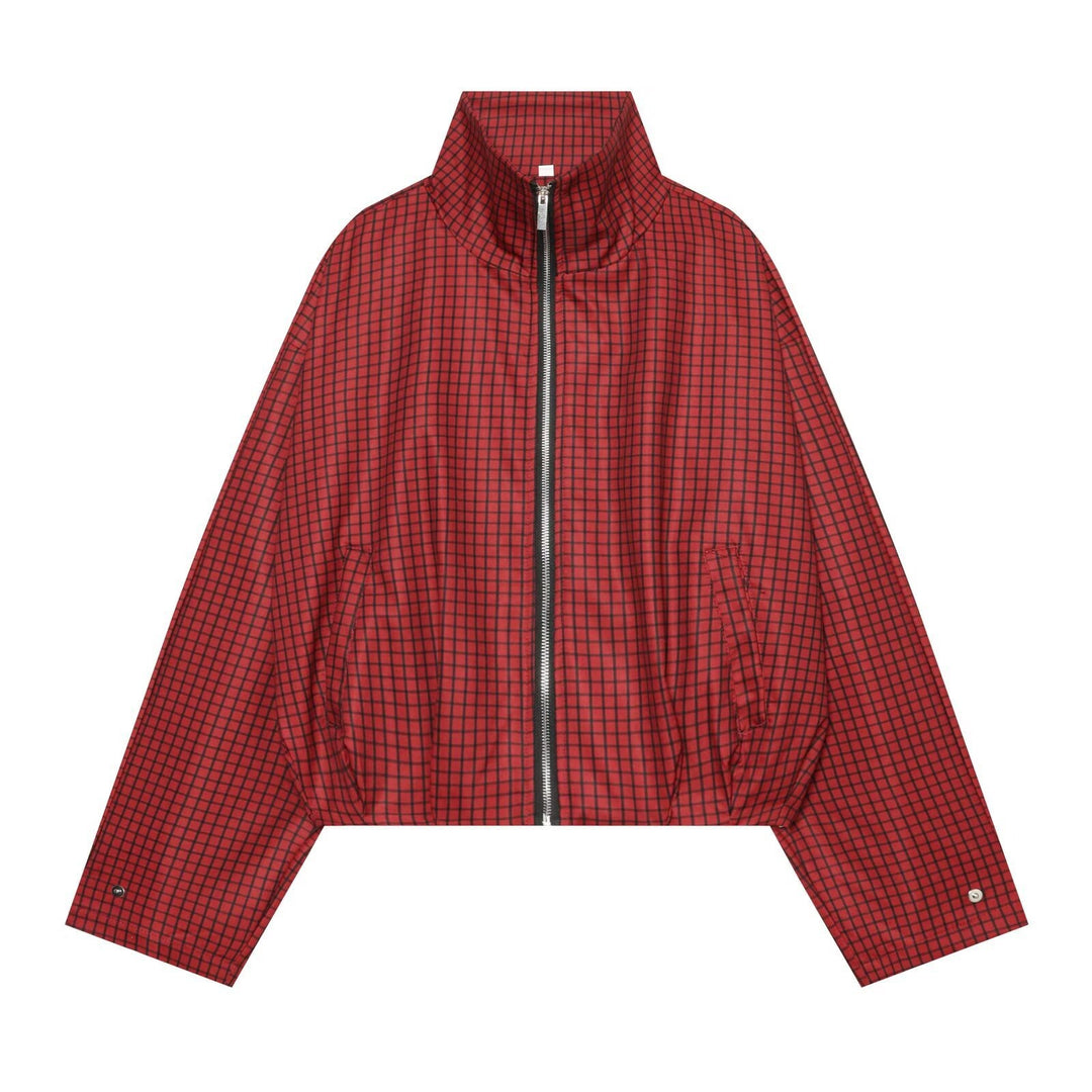 Women's Checked Cropped Bomber Jacket with High Stand Collar, Elastic Hem and Full Zip Mune Fashion