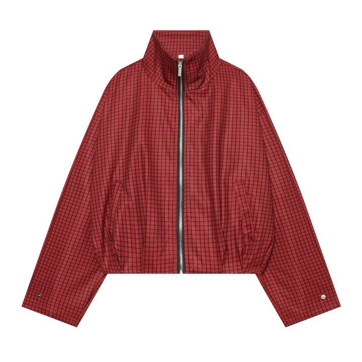 Women's Checked Cropped Bomber Jacket with High Stand Collar, Elastic Hem and Full Zip Mune Fashion