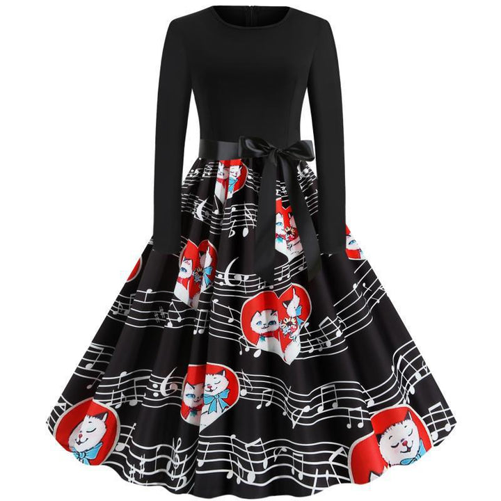 Women Retro Swing Dress in Vintage Style with A-Line, Long Sleeves and Waist Bow Mune Fashion