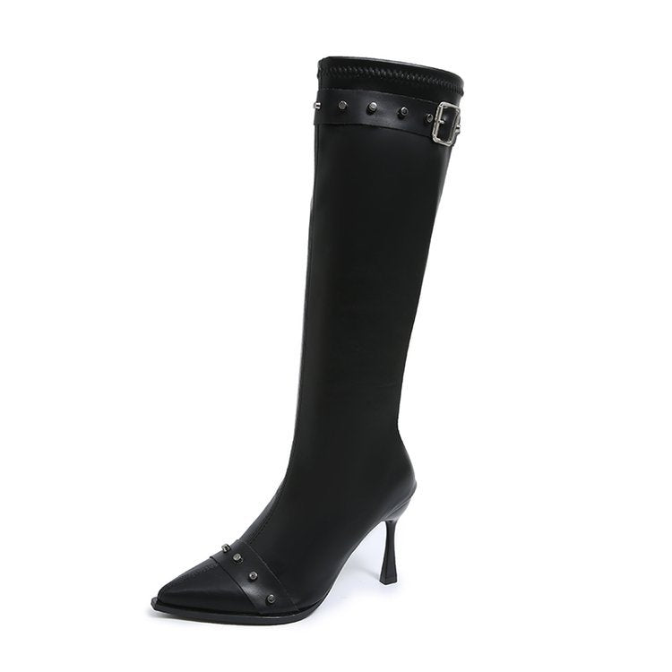 Women Knee-High Boots with Pointed Toe, Sculptural Stiletto Heel and Decorative Strap Mune Fashion