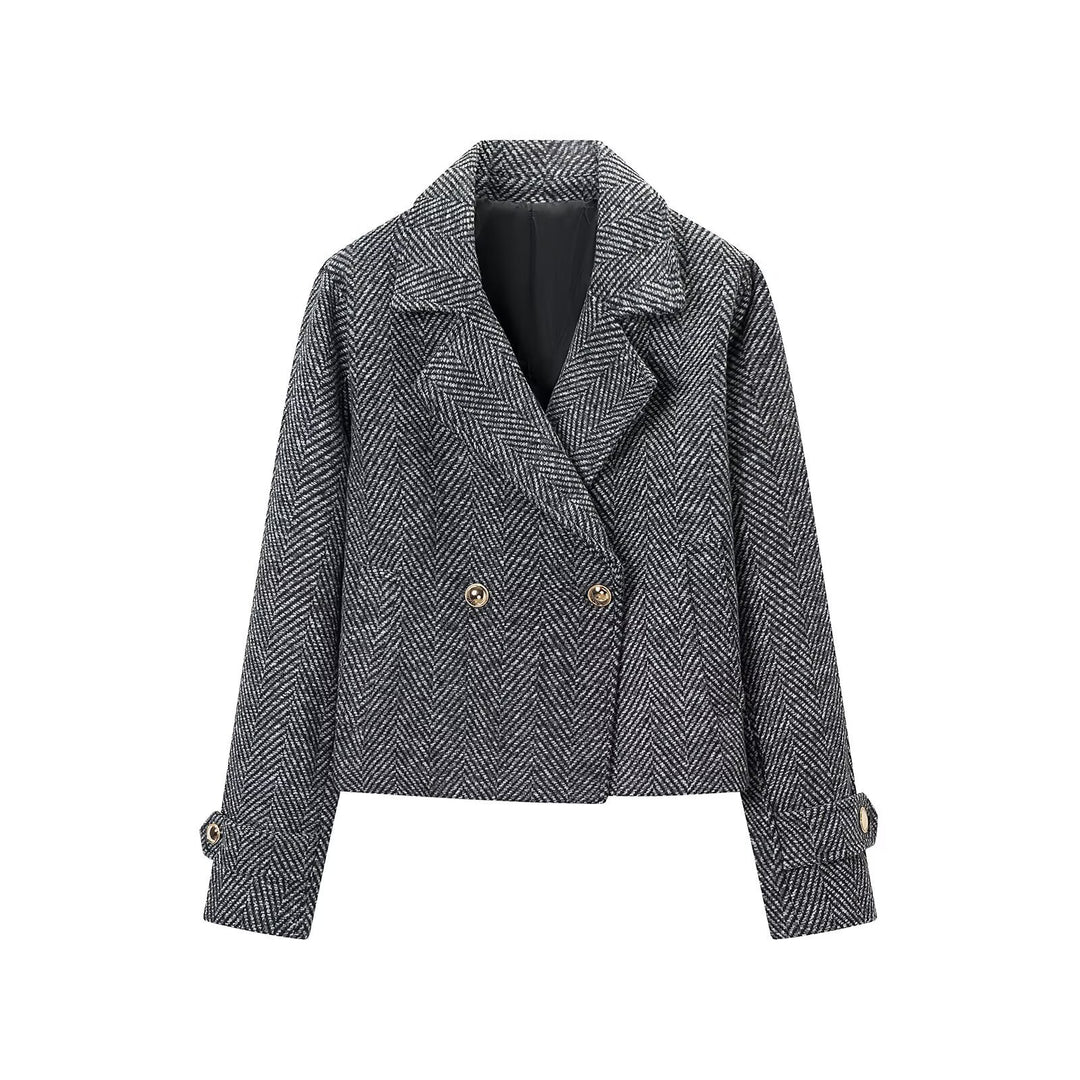 Women Short Double-Breasted Herringbone Tweed Jacket with Notch Lapel Mune Fashion