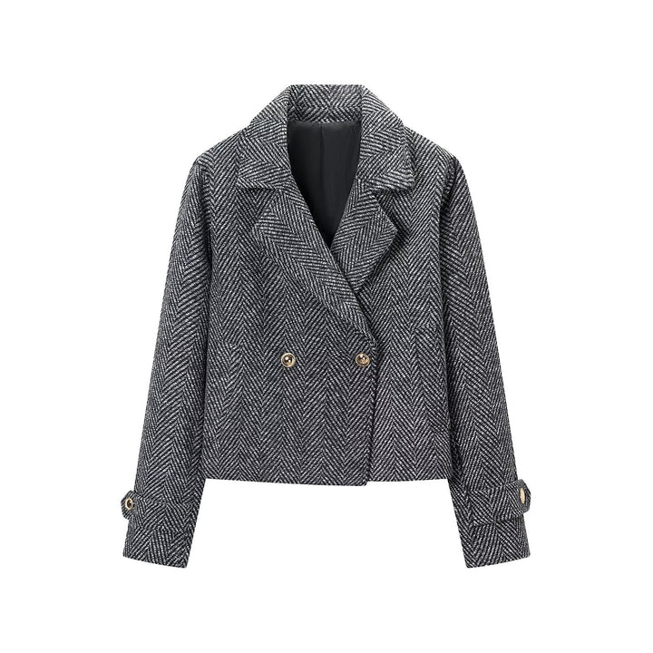 Women Short Double-Breasted Herringbone Tweed Jacket with Notch Lapel Mune Fashion