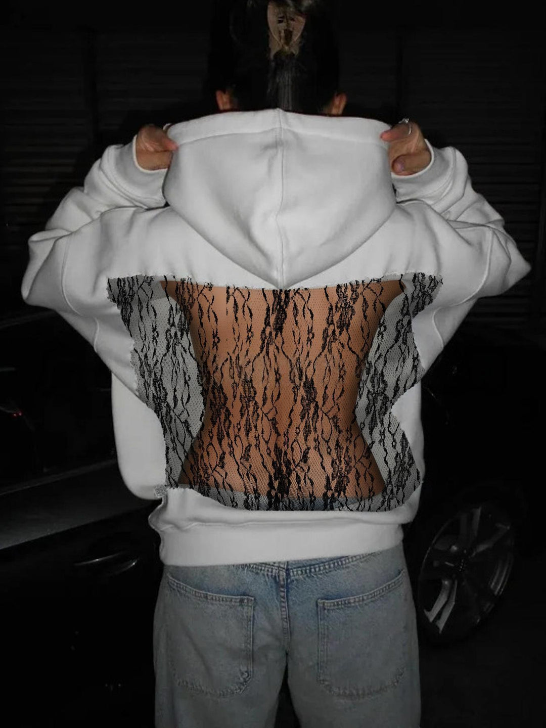 Women's hoodie with glittering mesh back application Mune Fashion