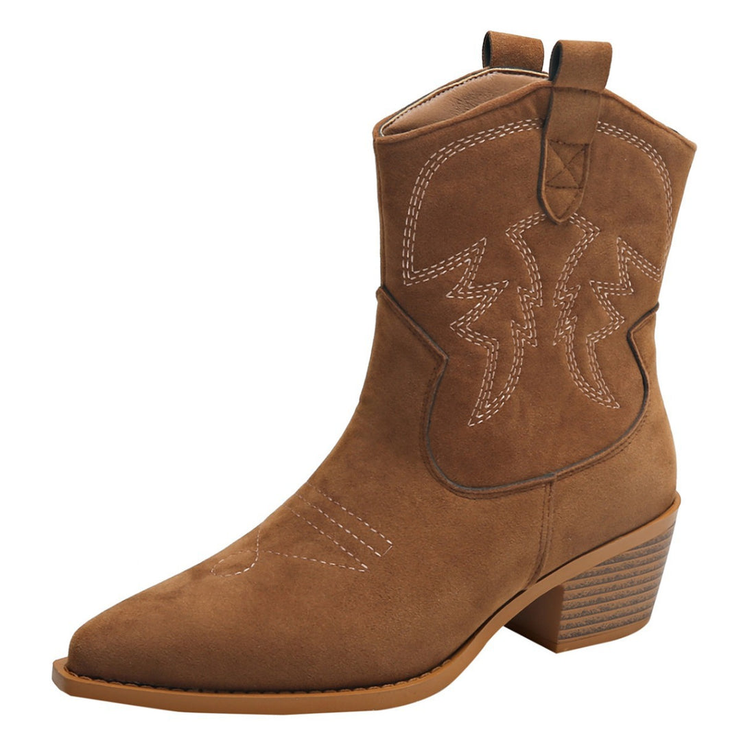 Ladies' short shaft western boot with decorative embroidery, square block heel, and soft suede finish Mune Fashion