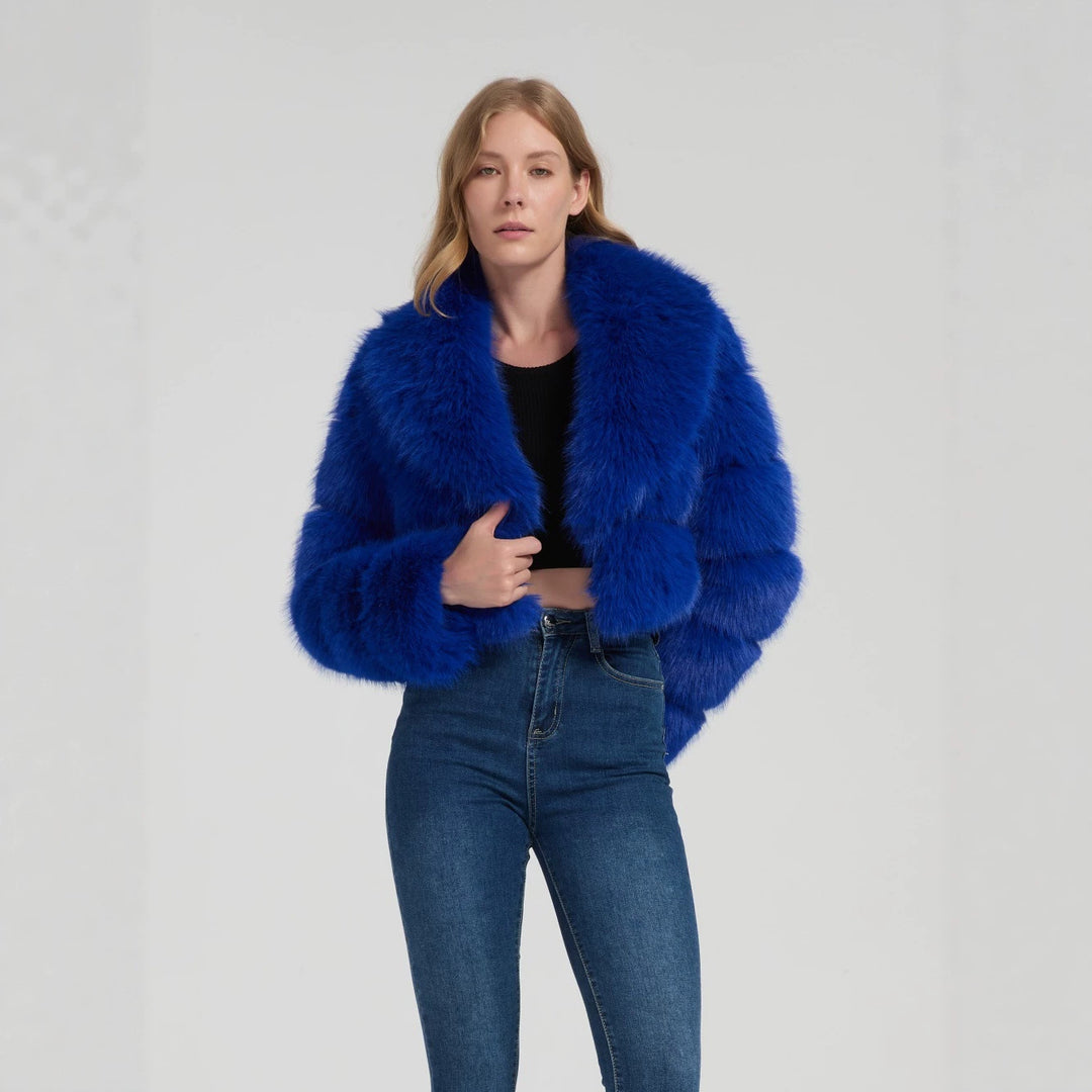 Ladies short-cut faux fur bolero jacket with voluminous shawl collar Mune Fashion
