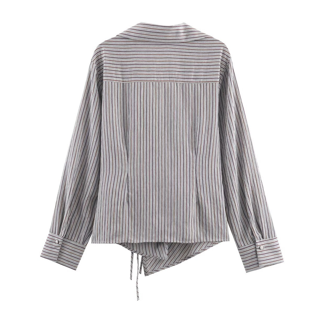 Women 10+ asymmetrical wrap blouse with drawstring, shirt collar and long sleeves Mune Fashion