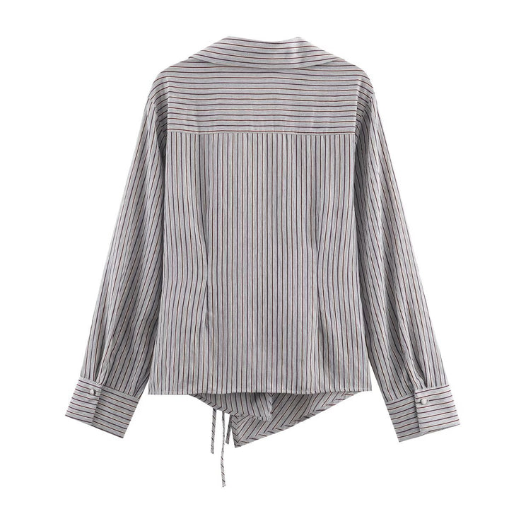 Women 10+ asymmetrical wrap blouse with drawstring, shirt collar and long sleeves Mune Fashion