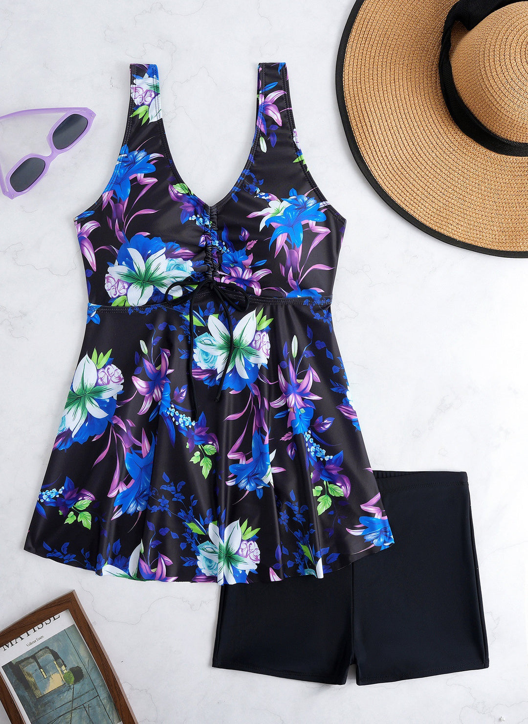Ladies' tankini set with stylish ruffle and graphic peacock pattern Mune Fashion