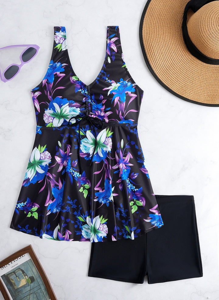 Ladies' tankini set with stylish ruffle and graphic peacock pattern Mune Fashion