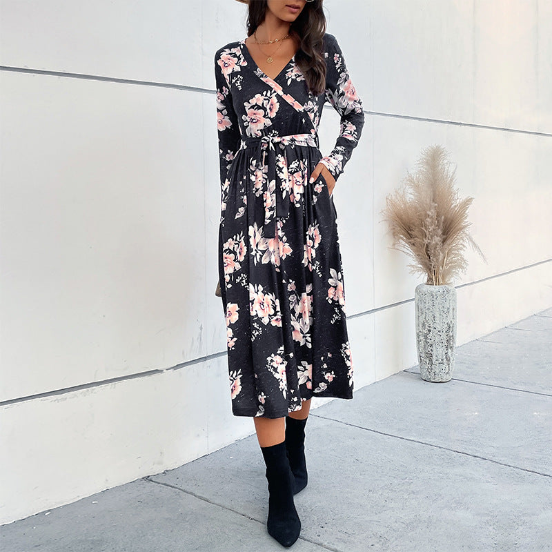 Women's Wrap Midi Dress with Fitted Tie Belt, Flared Skirt and V-Neck Mune Fashion