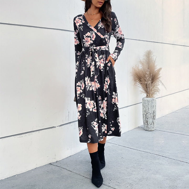 Women's Wrap Midi Dress with Fitted Tie Belt, Flared Skirt and V-Neck Mune Fashion