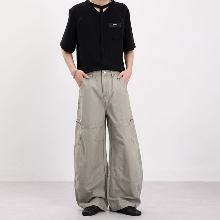 Men's Wide Twill Palazzo Cargo Pants with Drop Crotch, Knee Inserts, and Utility Pockets Mune Fashion