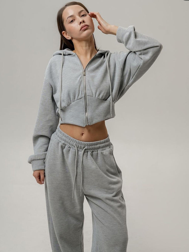 Women's two-piece cropped hoodie set with wide waistband pants cut and fitted zip Mune Fashion